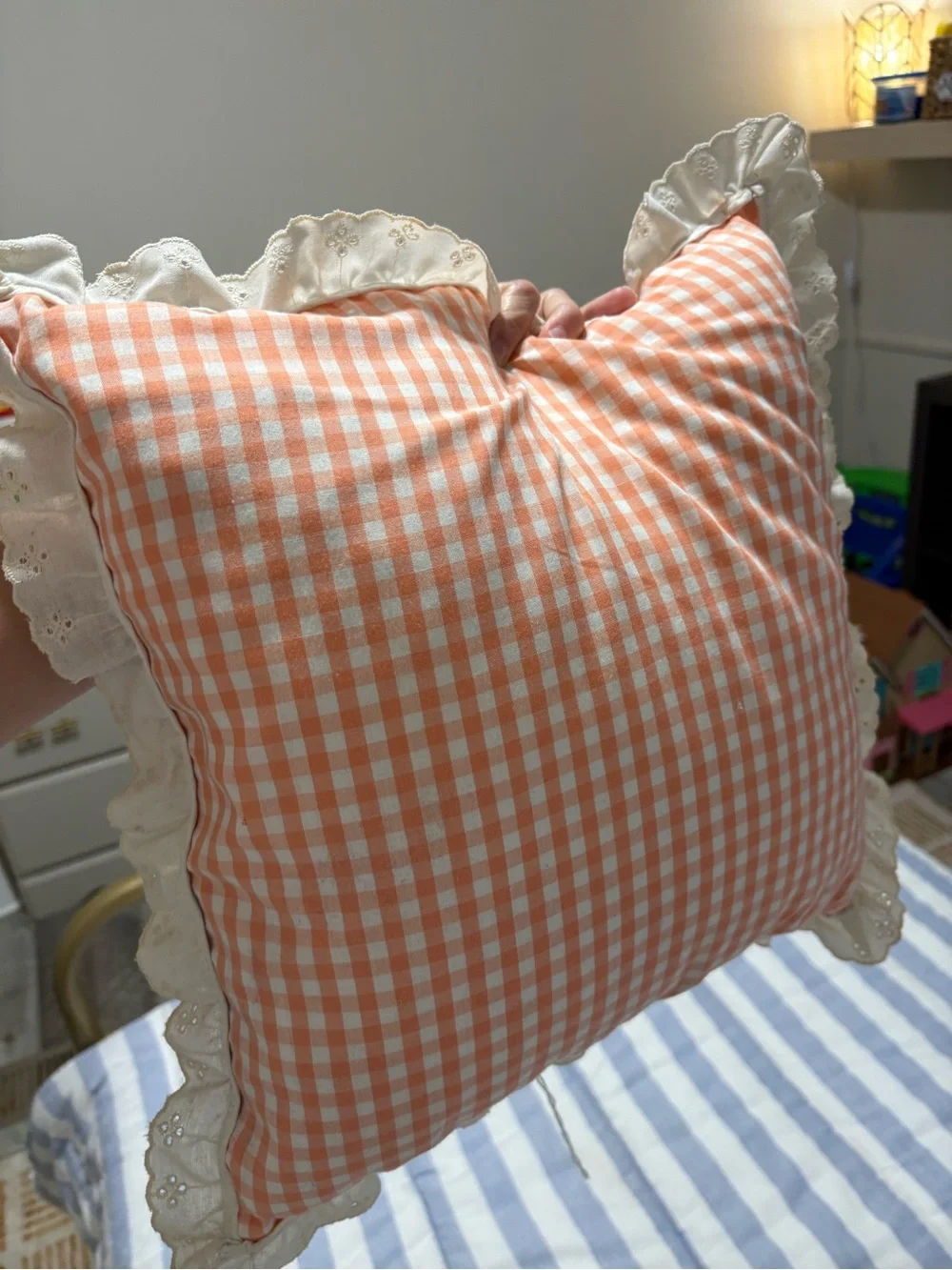 Vintage-Inspired Peach Gingham Decorative Pillow with Lace Trim